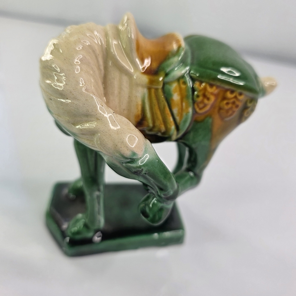 Vintage Tang Dynasty War Horse Figurine Glossy Green Glaze.